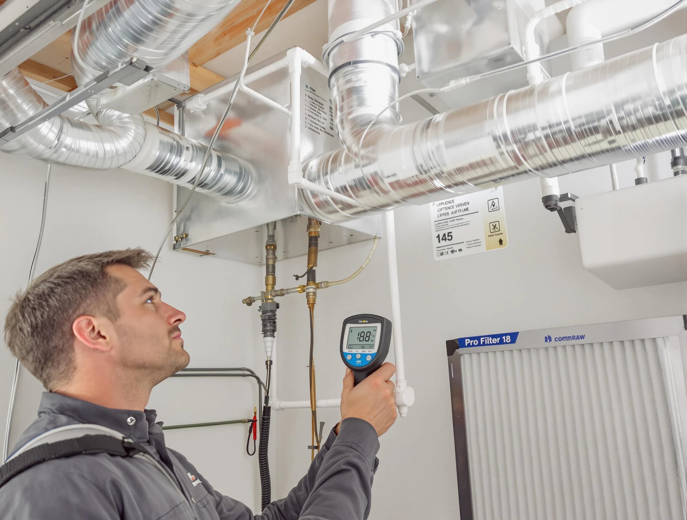 Fontana Air Duct Cleaning expert conducting detailed filter system inspection using diagnostic tools in Fontana